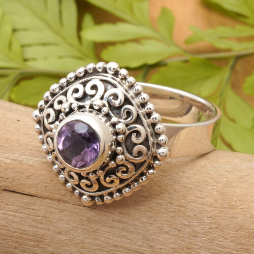 Square Textured Silver Cocktail Ring with Amethyst Gemstone, 'Sparkling Square'