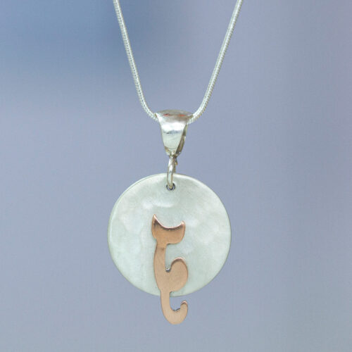 Sterling Silver and Copper Cat Pendant Necklace from Mexico, 'Lunar Cat'