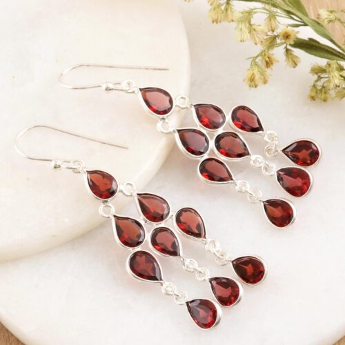 Sterling Silver and Garnet Chandelier Earrings, 'Garnet Cascade'