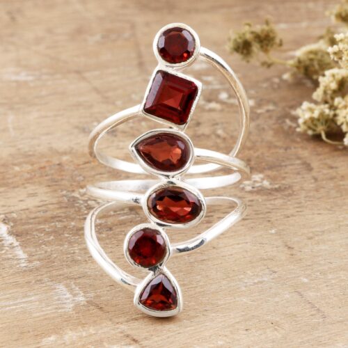 Sterling Silver and Garnet Cocktail Ring, 'Math Class'
