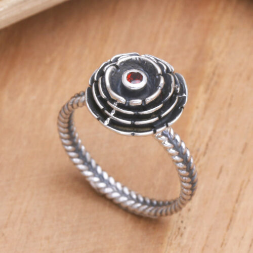 Sterling Silver and Garnet Flower Ring, 'January Carnation'