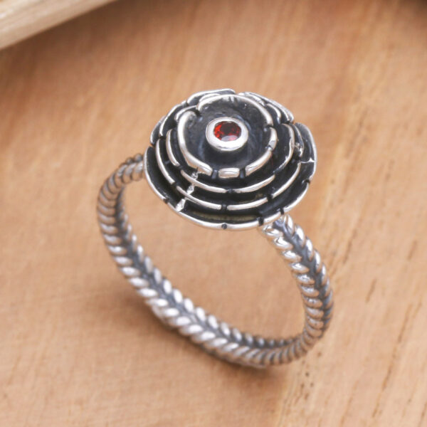 Sterling Silver and Garnet Flower Ring, 'January Carnation'