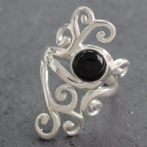 Sterling Silver Cocktail Ring with Black Onyx from India, 'Black Jasmine'