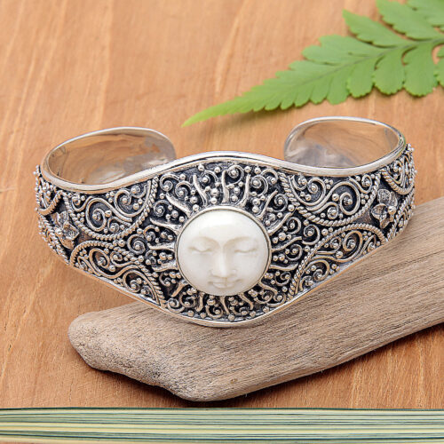 Sterling Silver Cuff Bracelet with Hand-Carved Sun Motif, 'Blooming Sun'