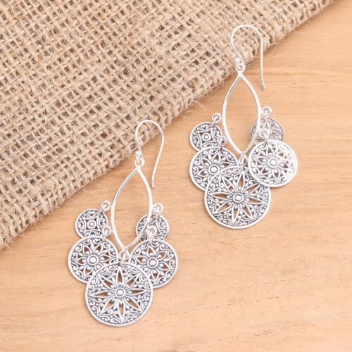 Sterling Silver Dangle Earrings Flowers and Circles, 'Circle of Progression'