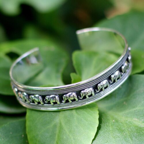 Sterling Silver Elephant Cuff Bracelet, 'Elephant Parade'