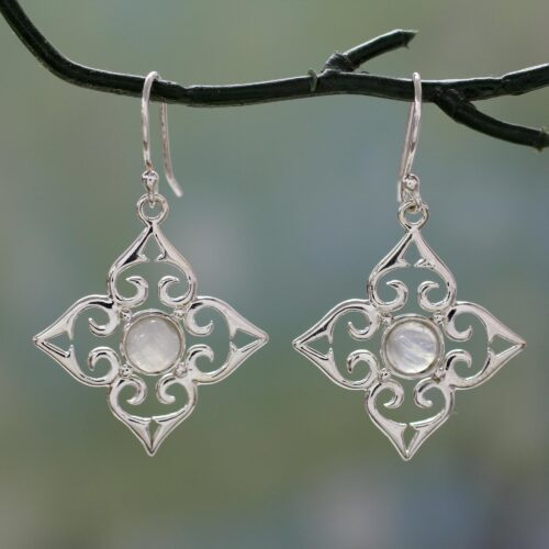 Sterling Silver Fair Trade Earrings with Rainbow Moonstone, 'Four Seasons'
