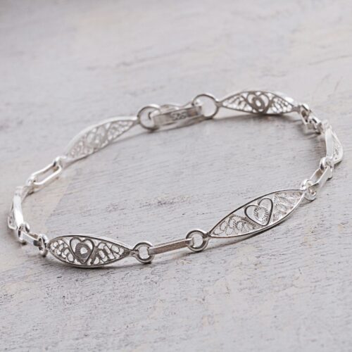 Sterling Silver Filigree Heart Motif Link Bracelet from Peru, 'Sweet Hearts'