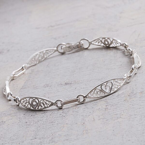 Sterling Silver Filigree Heart Motif Link Bracelet from Peru, 'Sweet Hearts'