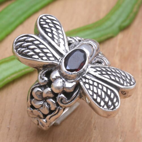 Sterling Silver Garnet Cocktail Ring with Dragonfly Motif, 'Dreaming Dragonfly'