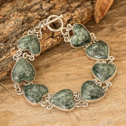 Sterling Silver Heart Link Bracelet with Green Jade Stones, 'Green Symbol of Love'