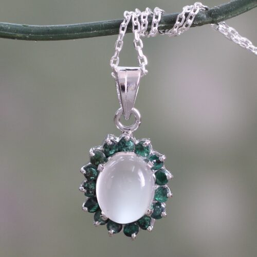 Sterling Silver Necklace with Emerald and Moonstone, 'Love and Devotion'