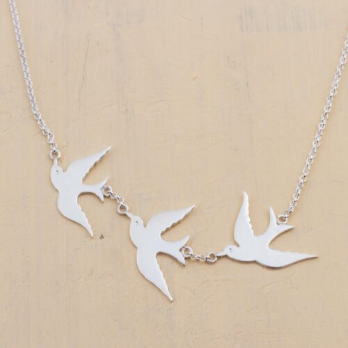 Sterling Silver Pendant Necklace with 3 Birds from Peru, 'Three Doves'