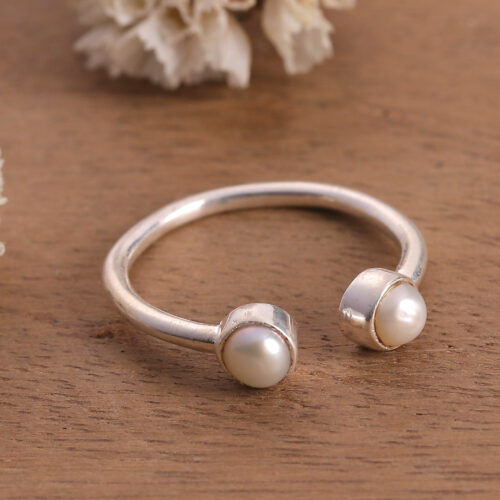 Sterling Silver Wrap Ring with 2 Round Cultured Pearls, 'Posh Gleam'