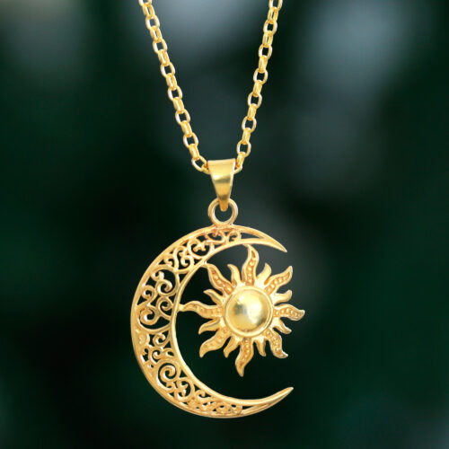 Sun and Crescent Moon 22k Gold-Plated Pendant Necklace, 'Sacred Duo'