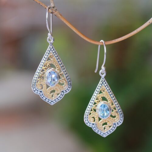 Swirl Pattern Gold Accented Blue Topaz Dangle Earrings, 'Glamorous Kites'