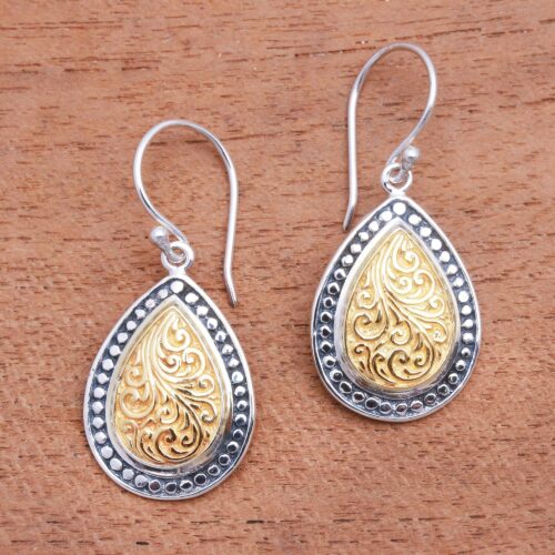 Swirl Pattern Gold Accented Sterling Silver Dangle Earrings, 'Droplet Frames'