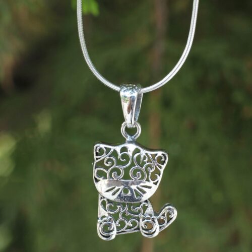 Thai Filigree Sterling Silver Necklace, 'Filigree Kitten'