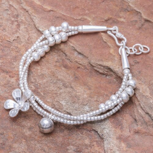 Thai Karen Hill Tribe Silver Floral Bracelet with a Bell, 'Singing Blossom'
