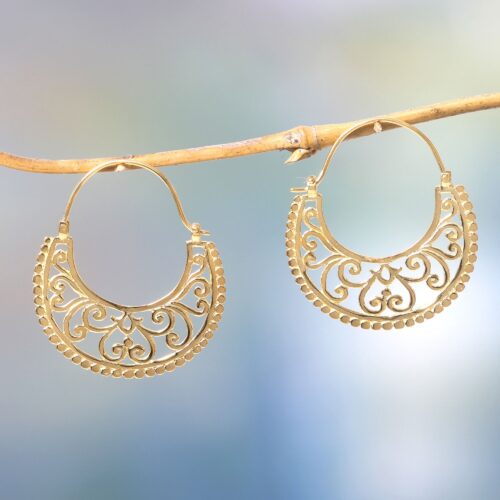 Unique Hoop Earrings in 22k Gold Vermeil from Bali, 'Moonlit Garden'