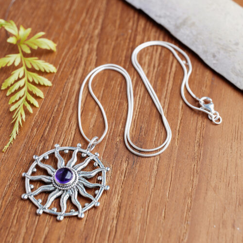 Unique Silver and Amethyst Necklace, 'Sun Spirit'
