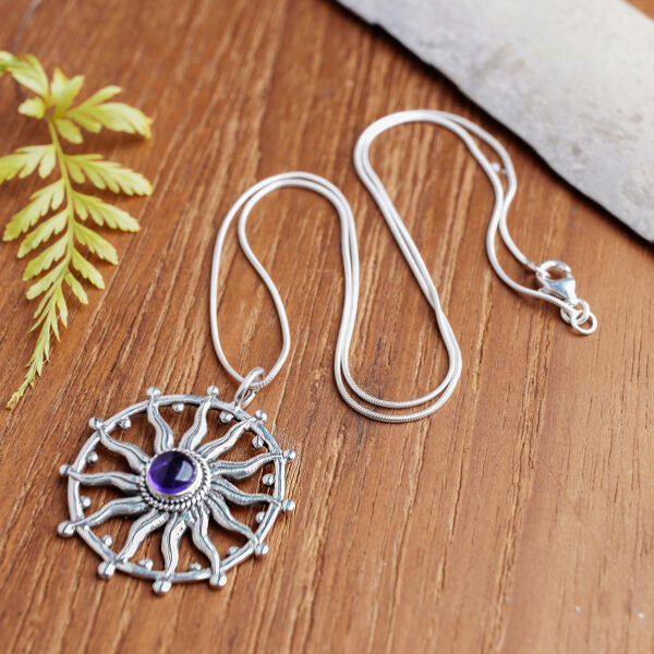 Unique Silver and Amethyst Necklace, 'Sun Spirit'