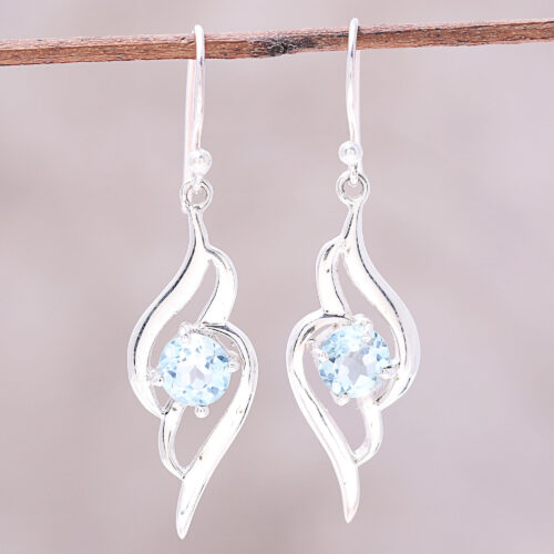 Wave Motif Blue Topaz Dangle Earrings from India, 'Dazzling Gleam'