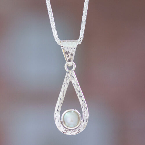 White Pearl Handcrafted Textured Taxco Silver Necklace, 'Luminous Rain'
