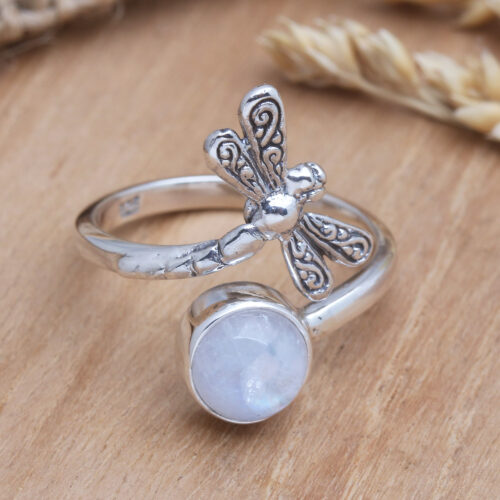 Wrap Ring with Rainbow Moonstone, 'Dragonfly Path'