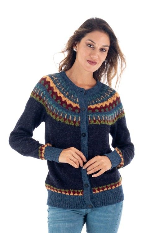 100 Alpaca Yoke Cardigan Sweater with Buttons From Peru 'Blue Andean Nordic'