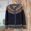 100 Alpaca Yoke Cardigan Sweater with Buttons From Peru 'Blue Andean Nordic'