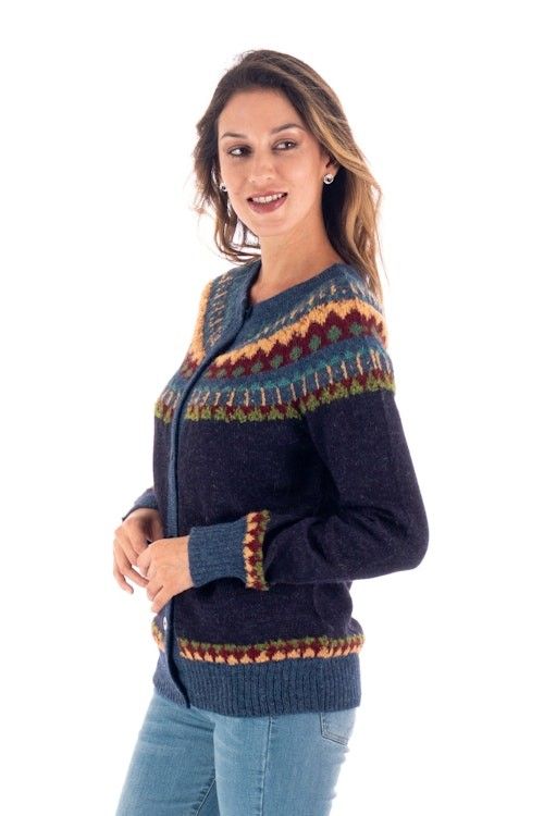 100 Alpaca Yoke Cardigan Sweater with Buttons From Peru 'Blue Andean Nordic'