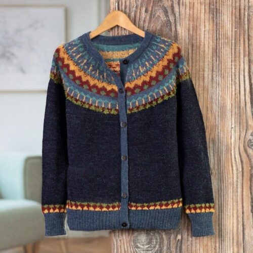 100 Alpaca Yoke Cardigan Sweater with Buttons From Peru 'Blue Andean Nordic' 100 Alpaca Yoke Cardigan Sweater with Buttons From Peru 'Blue Andean Nordic'