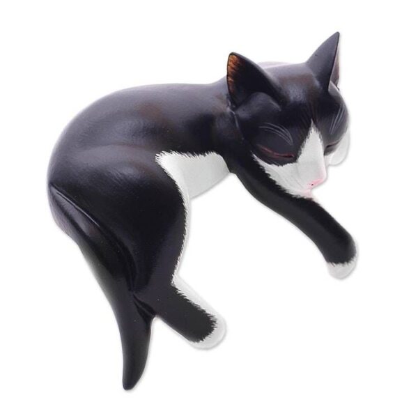 Balinese Signed Hand-Carved Sleeping Tuxedo Cat Sculpture 'Tuxedo Catnap' Balinese Signed Hand-Carved Sleeping Tuxedo Cat Sculpture 'Tuxedo Catnap'