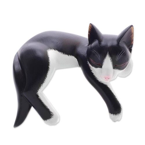 Balinese Signed Hand-Carved Sleeping Tuxedo Cat Sculpture 'Tuxedo Catnap' Balinese Signed Hand-Carved Sleeping Tuxedo Cat Sculpture 'Tuxedo Catnap'