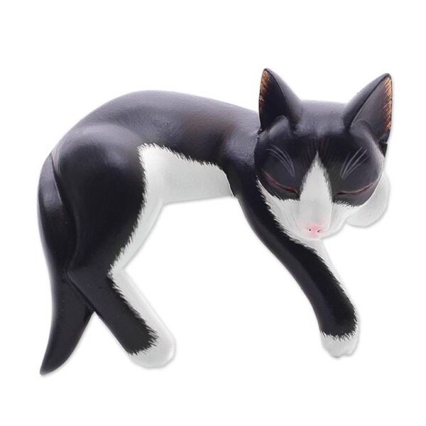 Balinese Signed Hand-Carved Sleeping Tuxedo Cat Sculpture 'Tuxedo Catnap' Balinese Signed Hand-Carved Sleeping Tuxedo Cat Sculpture 'Tuxedo Catnap'