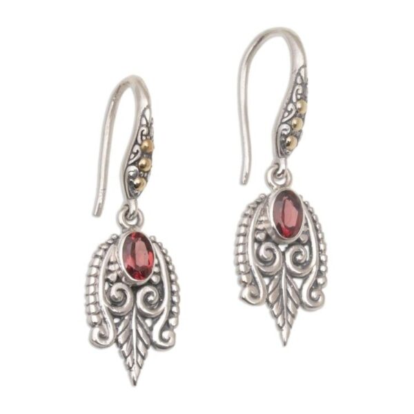 Balinese Sterling Silver and Garnet Gold Accent Earrings 'Dewdrop Caress' Balinese Sterling Silver and Garnet Gold Accent Earrings 'Dewdrop Caress'
