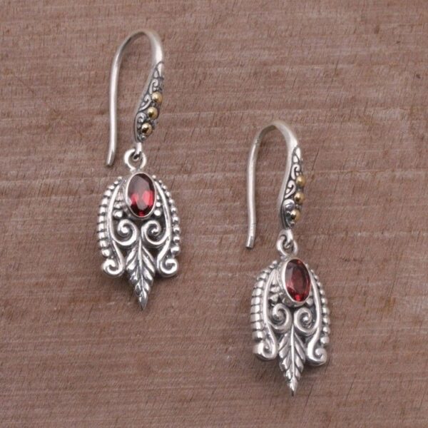 Balinese Sterling Silver and Garnet Gold Accent Earrings 'Dewdrop Caress' Balinese Sterling Silver and Garnet Gold Accent Earrings 'Dewdrop Caress'