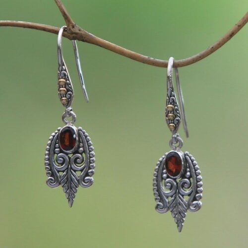 Balinese Sterling Silver and Garnet Gold Accent Earrings 'Dewdrop Caress' Balinese Sterling Silver and Garnet Gold Accent Earrings 'Dewdrop Caress'