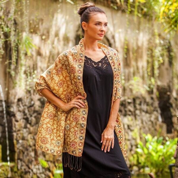 Batik Silk Shawl with Ginger Floral Motifs from Bali 'Truntum Forest in Ginger' Batik Silk Shawl with Ginger Floral Motifs from Bali 'Truntum Forest in Ginger'