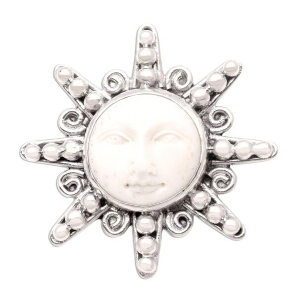 Carved Bone Sterling Silver Brooch Pin 'Smiling Moon' Carved Bone Sterling Silver Brooch Pin 'Smiling Moon'