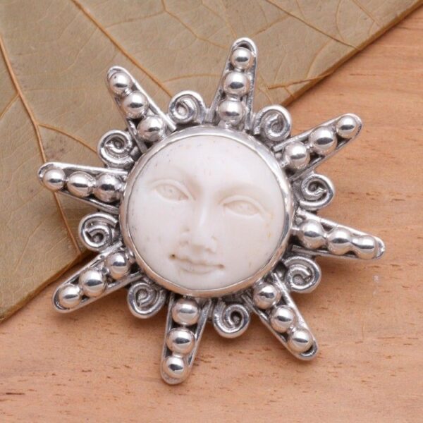 Carved Bone Sterling Silver Brooch Pin 'Smiling Moon' Carved Bone Sterling Silver Brooch Pin 'Smiling Moon'