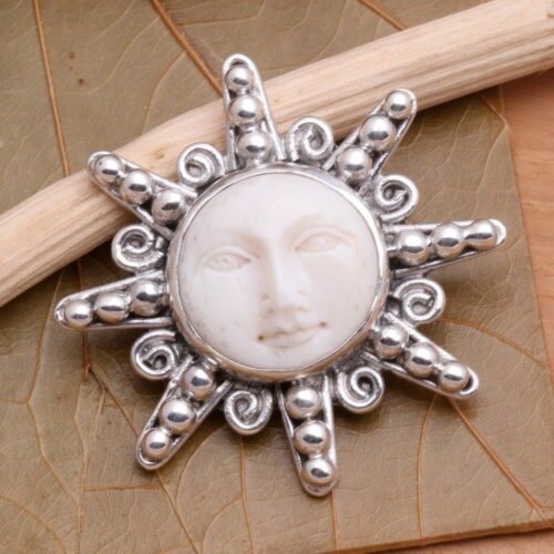 Carved Bone Sterling Silver Brooch Pin 'Smiling Moon' Carved Bone Sterling Silver Brooch Pin 'Smiling Moon'