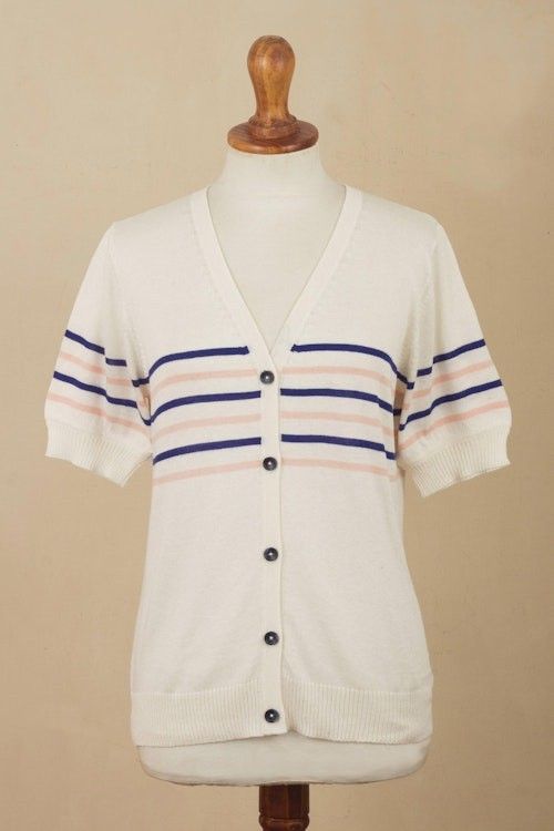 Cotton Blend Short Sleeve Striped Cardigan from Peru 'Desert Sunrise' Cotton Blend Short Sleeve Striped Cardigan from Peru 'Desert Sunrise'