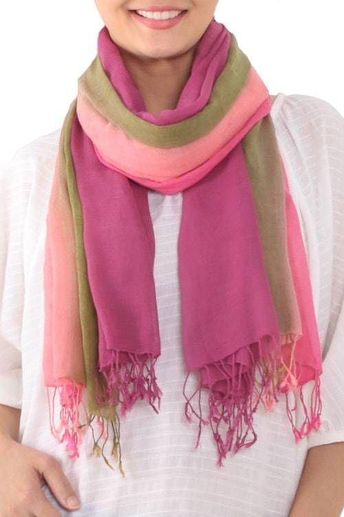 Cotton Scarves in Pink and Green from Thailand Pair 'Grove Breeze' Cotton Scarves in Pink and Green from Thailand Pair 'Grove Breeze'
