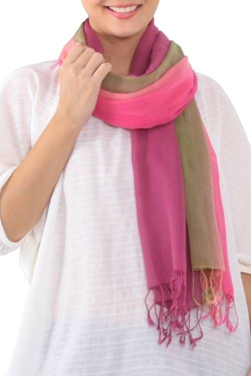 Cotton Scarves in Pink and Green from Thailand Pair 'Grove Breeze' Cotton Scarves in Pink and Green from Thailand Pair 'Grove Breeze'