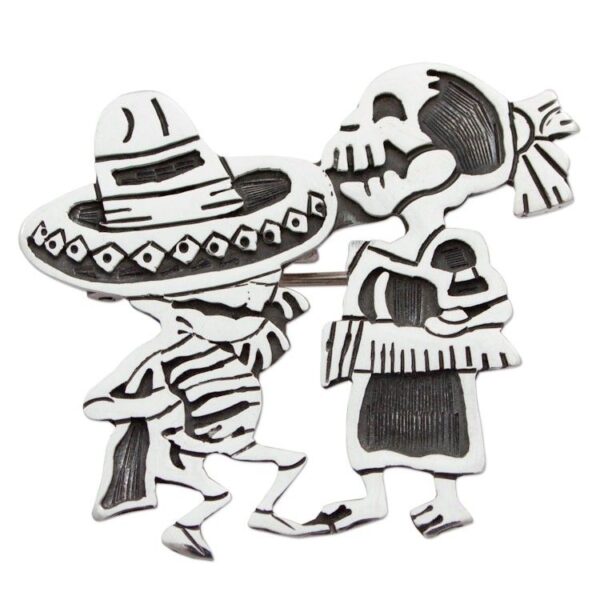 Day of the Dead Sterling Silver Brooch Pendant 'Skeletal Hat Dance' Day of the Dead Sterling Silver Brooch Pendant 'Skeletal Hat Dance'