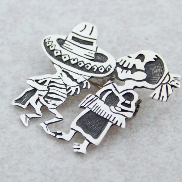 Day of the Dead Sterling Silver Brooch Pendant 'Skeletal Hat Dance' Day of the Dead Sterling Silver Brooch Pendant 'Skeletal Hat Dance'