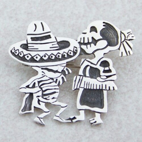 Day of the Dead Sterling Silver Brooch Pendant 'Skeletal Hat Dance' Day of the Dead Sterling Silver Brooch Pendant 'Skeletal Hat Dance'