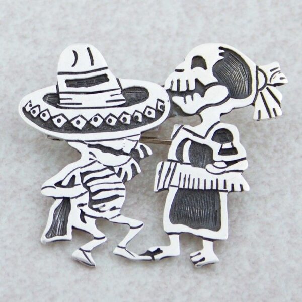 Day of the Dead Sterling Silver Brooch Pendant 'Skeletal Hat Dance' Day of the Dead Sterling Silver Brooch Pendant 'Skeletal Hat Dance'